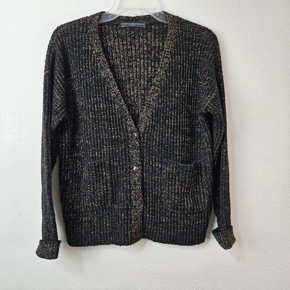 Peruvian Connection Pima Cotton Blend Cardigan Black Gold Size XS